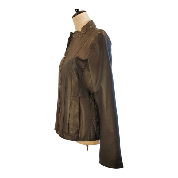 NINE WEST SZ L Soft Black Leather Zip-front Classic Tailored Jacket - Picture 4 of 10